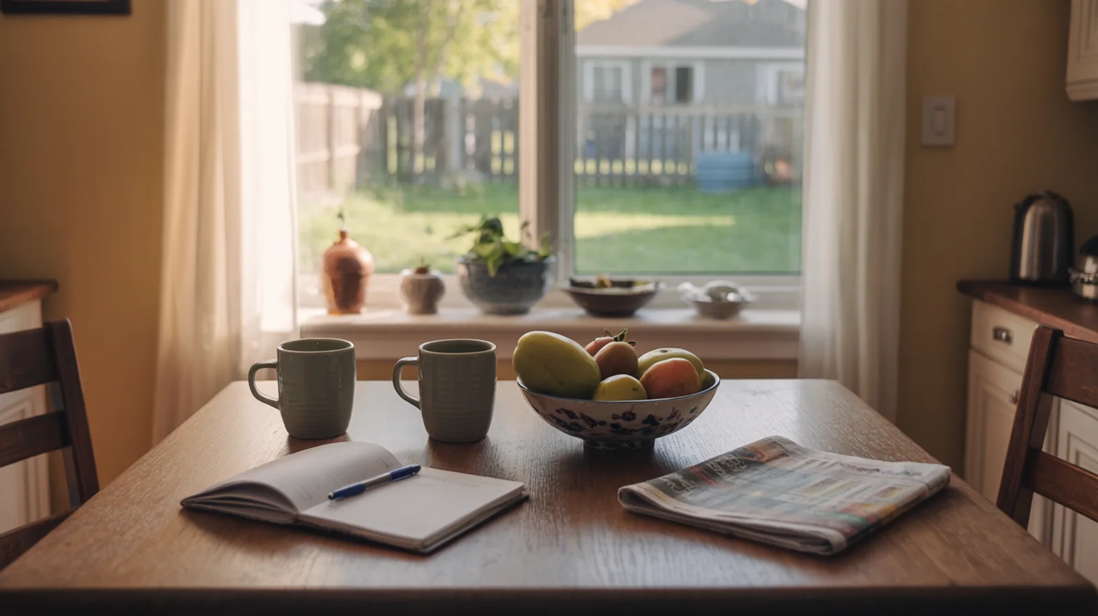 A quiet family kitchen table in soft morning light with two mugs and an open notebook.