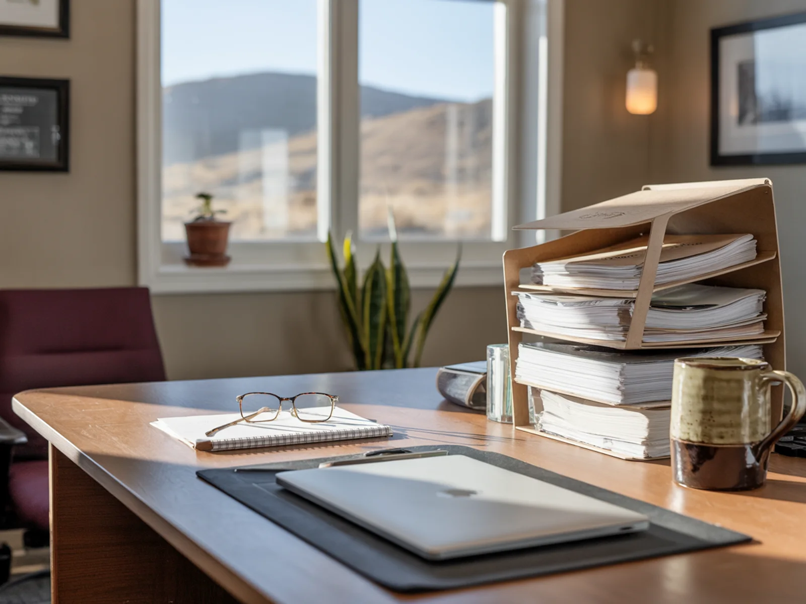 Our Centennial, CO office An independent insurance agency desk in warm afternoon light, with Colorado foothills through the window.