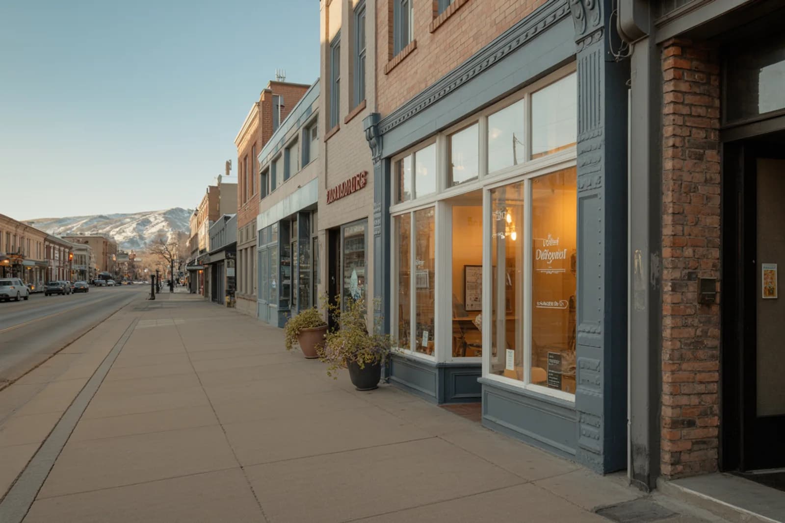 Independent storefront on a Colorado main street at golden hour.